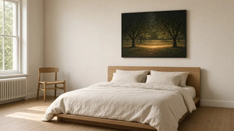 A framed night-orchard print above a low oak bed dressed in cream linen
