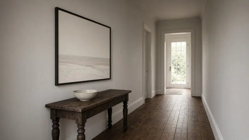 A framed pale-horizon print on the plaster wall of a quiet hallway