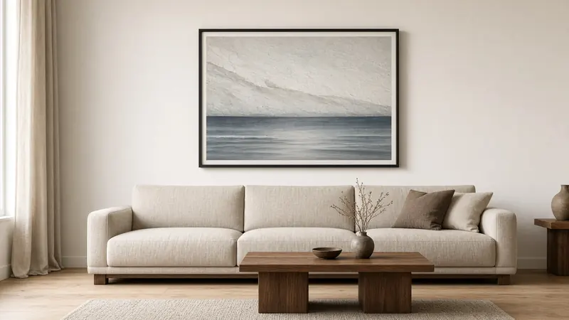 A framed abstract seascape hung above a linen sofa in a cream living room