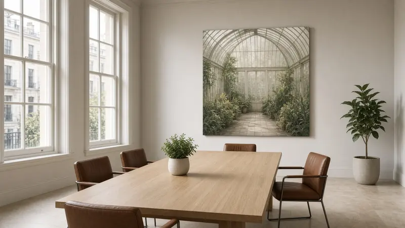 A large canvas of a quiet greenhouse on the wall of a pale meeting room