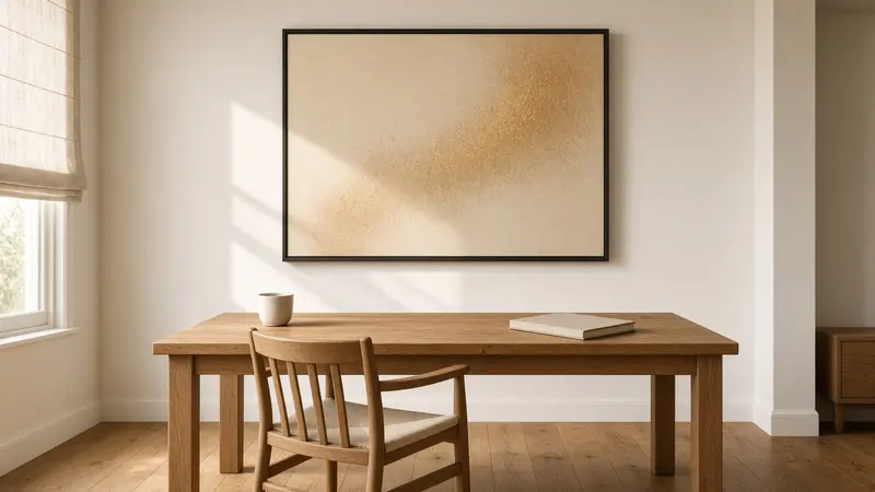 A framed abstract print in warm gold and paper tones above an oak desk